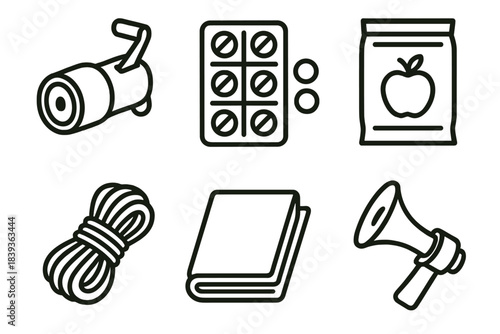 Essential Survival Gear. Disaster Survival Supplies linear set: hand-crank light, purifying tablets, food pouch, sturdy cord, emergency blanket, alert horn.