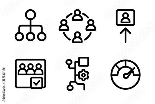 Decentralized Governance Icons. Decentralized Governance Models linear set: distributed decision node, consensus ring, proposal flow arrow, peer voting tile, adaptive rule icon,