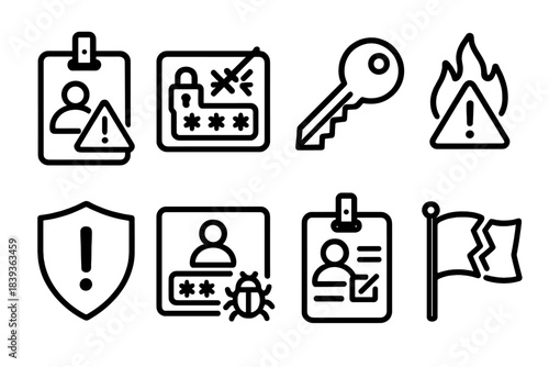 Security Breach Icons. Security Breach Credentials linear set: exposed access tag, unsafe pass slip, compromised key icon, alert notice, danger shield, suspicious login sheet,