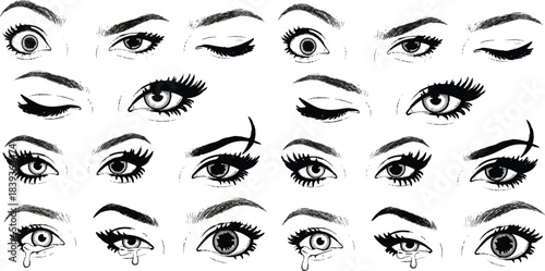 Eye expressions illustration, black and white eyes, emotional eye art, stylized eye drawing, character design reference, makeup, tears, winking, gaze
