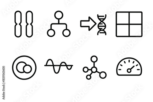 Genetic Icons Display. Genetic Inheritance Set linear set: allele pair icons, family tree link, trait transmission arrow, genotype box, variation circle, hereditary pattern line,