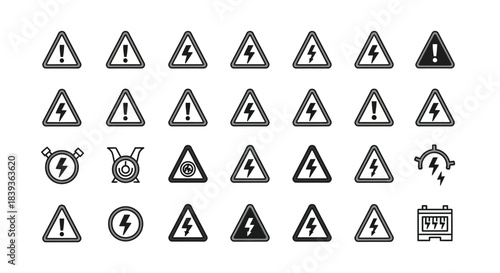 Collection of various high voltage hazard warning signs isolated on, ensuring safety and awareness of electrical dangers