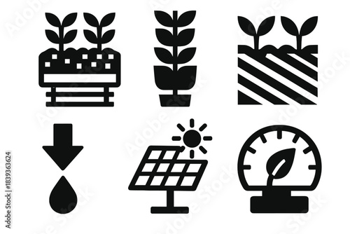 Urban Agriculture Icons. Metropolitan Agriculture Design silhouette set: rooftop garden tile, vertical planter module, urban farm plot, drip irrigation arrow, solar grow panel,