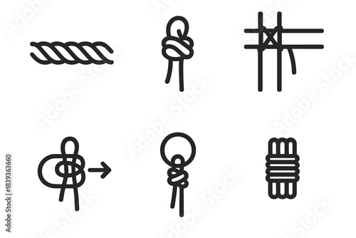 Knotwork Icon Collection. Practical Knotwork Elements linear set: rope segment, stopper knot, lashing tie, tightening guide, anchor ring, secure bundle.