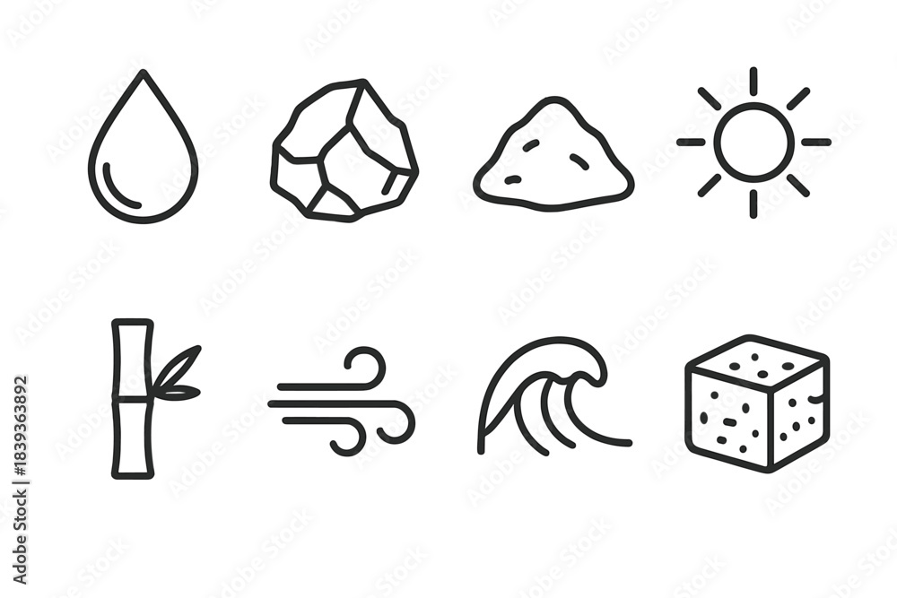 Fototapeta premium Essential Earth Icons. Essential Earth Materials linear set: clean water drop, iron ore chunk, clay mound, sun energy ray, bamboo stalk, wind current arrow, ocean wave, peat block.