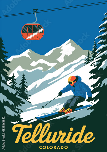 Ski Telluride Resort Travel Poster Vintage, America Winter Landscape Travel Card Vector