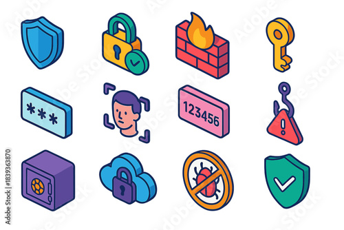 Digital Security Icons. Digital Security Essentials isometric flat set: shield icon, encrypted lock, firewall wall, secure key, password pad, biometric scan frame, MFA code box,