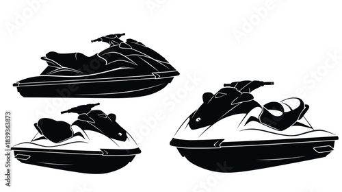 Black and white illustration of three jet skis in varying designs
