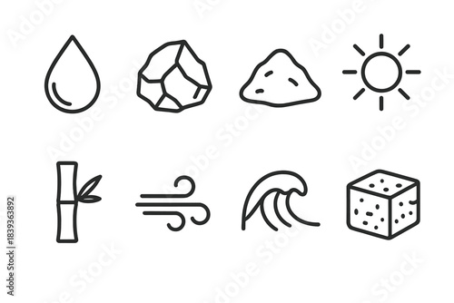 Essential Earth Icons. Essential Earth Materials linear set: clean water drop, iron ore chunk, clay mound, sun energy ray, bamboo stalk, wind current arrow, ocean wave, peat block.