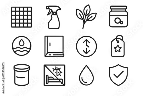 Pest Prevention Icon Set. Non-Chemical Indoor Pest Prevention Symbols linear set: mesh patch tile, vinegar spray bottle, repellent herb cluster, sealed jar, dry-zone indicator,