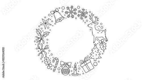 Christmas Wreath Illustration: A detailed black and white illustration of a festive wreath, adorned with classic holiday elements. Including a bell, snowflake, reindeer, star, gift and more.