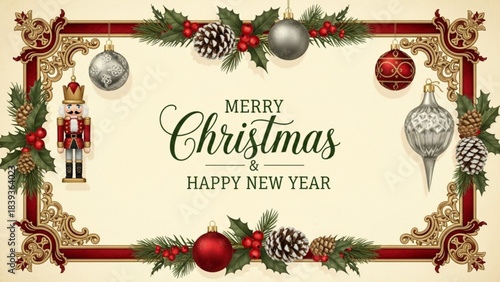 Christmas Decor Frame: A festive Christmas decor with ornaments, pine cones, and greenery. The design is elegant, embodying holiday cheer. 