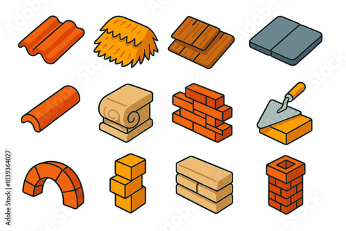 Historic Roofing Icons. Historic Roofing Elements isometric flat set: terracotta tile, layered thatch, wood shake, flat slate tile, roof ridge bar, carved stone block, staggered