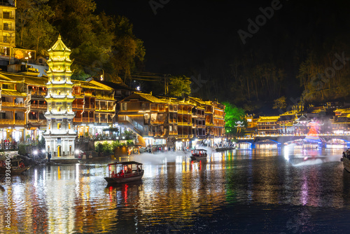 Fenghuang, Hunan, China. 11-02-2024. View of Fenghuang city at night with illuminations. Hunan, China.