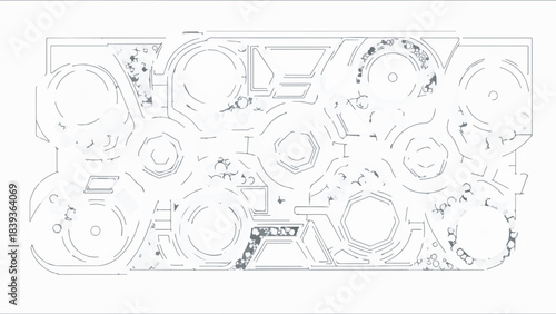 Detailed top-down landscape architecture plan for a modern park or garden. Features various circular and organic-shaped planting beds, pathways, and seating areas