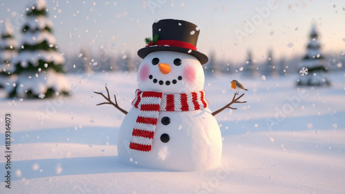 Winter Wonderland Snowman: A charming snowman with a top hat, adorned with a cozy scarf and twig arms, stands amidst a gentle snowfall. A small bird sits gracefully upon one of the snowman's arms.