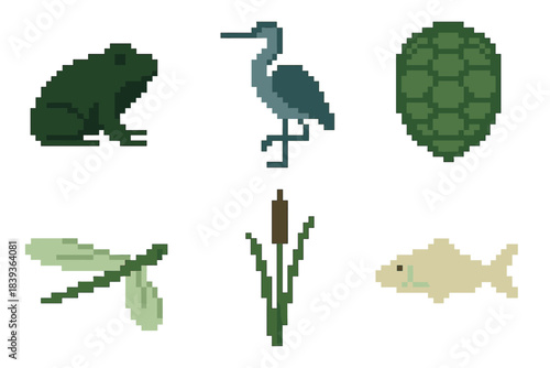 Wetland Creature Icons. Wetland Creatures set of icons in flat pixel vector style: frog silhouette, heron stance, turtle shell, dragonfly wing, cattail stem, small fish.