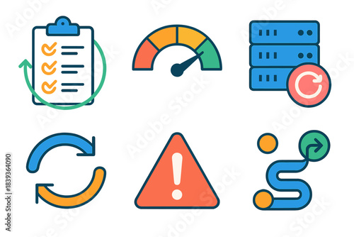 Operational Continuity Icons. Operational Continuity Readiness Set flat set: continuity plan, risk gauge, backup server, workflow arrows, alert icon, recovery path.