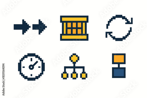 Mass Production Icons. Mass Production Systems Flow pixel style set: process arrows, batch unit, production cycle, timing dial, routing path, sequence blocks.