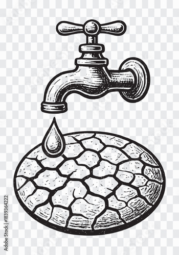 Water Scarcity A Dripping Faucet Over Cracked Earth Earth in Water Drop Line Art – World Water Day Graphic