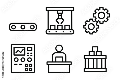 Industrial System Icons. Mass Production Systems Essentials linear set: conveyor belt, assembly line, gear cluster, control panel, worker station, output crate.
