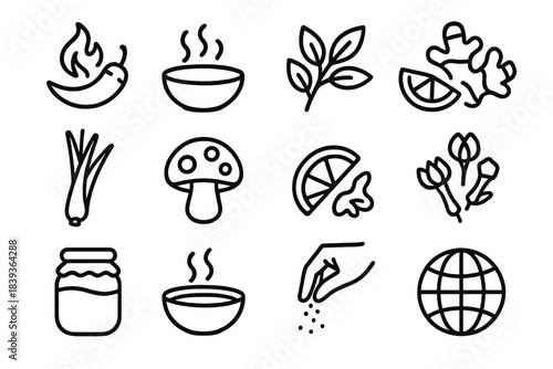 World Flavor Icons. Global Flavor Profiles linear set: smoky chili, aromatic curry blend, Mediterranean herb mix, citrus–ginger combo, fragrant lemongrass, earthy mushroom symbol,