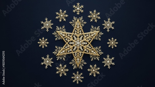 Festive Golden Star Decoration: A captivating display of holiday cheer, with a radiant golden star at the center, surrounded by an enchanting array of snowflakes, perfect for spreading holiday joy.