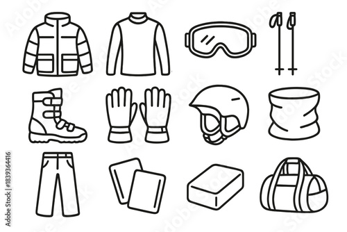 Winter Sports Icons. Winter Sports Gear linear set: insulated ski jacket, thermal base layer, snow goggles, ski poles, snowboard boots, insulated gloves, ski helmet, neck warmer,
