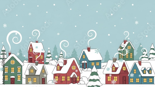 Winter Village: A charming illustration of a quaint village enveloped in the tranquil embrace of winter, with snow-dusted roofs, gentle snowfall, and cozy houses with chimneys emitting puffs of smoke.