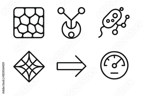 Biotech Icon Matrix. Living Material Design linear set: cellular matrix, engineered enzyme icon, responsive microbe node, adaptive structure tile, biosynthesis arrow, material