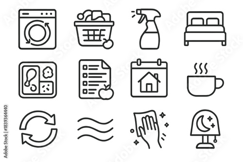 Home Routine Icons. Home Routine Icons linear set: dish cycle, laundry basket, cleaning spray, tidy bed icon, meal prep container, grocery list, home schedule board, evening cup,