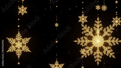 Golden Snowflake Cascade: Gleaming golden snowflakes cascade against a deep black backdrop, creating a festive winter wonderland, perfect for holiday greetings and seasonal designs.