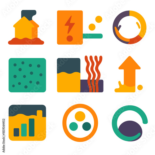 Nutrient Dynamics Icons. Vent-Activated Nutrient Dynamics flat set: chimney vent tile, mineral surge node, nutrient stream bar, chemo-cycle ring, drift particle dot, microbial