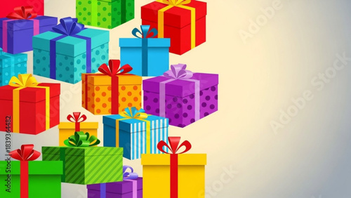 Colorful Gifts for Celebration: A vibrant array of beautifully wrapped gifts, each adorned with a ribbon, set against a subtle backdrop, perfect for any joyous occasion and to express affection