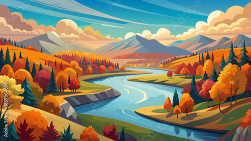 Very beautiful winding river in Vermont surrounded by bright autumn foliage, rolling hills, and soft sky reflections creating a peaceful seasonal landscape.