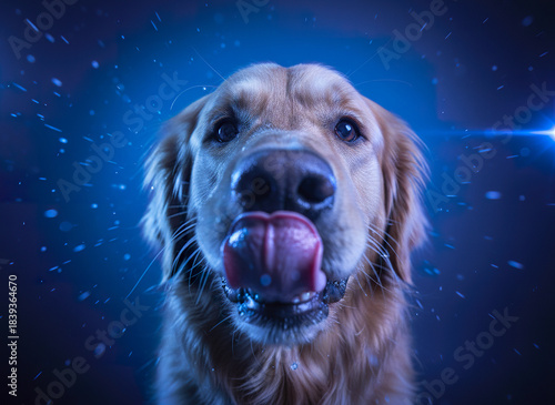 Wallpaper Mural Golden retriever dog licking camera with tongue close up portrait in vibrant blue studio light with water droplets and playful expression Torontodigital.ca