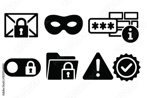 Data Privacy Icons. Data Privacy Essentials silhouette set: encrypted envelope, private browsing mask, secure form field, information barrier wall, consent toggle switch, protected