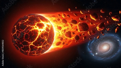 Stunning fiery planetoid hurtling through deep space leaving a trail of glowing asteroids near a distant galaxy