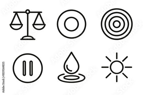 Mindful Icon Set. Mindful Emotional Balance linear set: scale of feelings, centering circle, mood ripple, pause symbol, reflective droplet, clarity beam.
