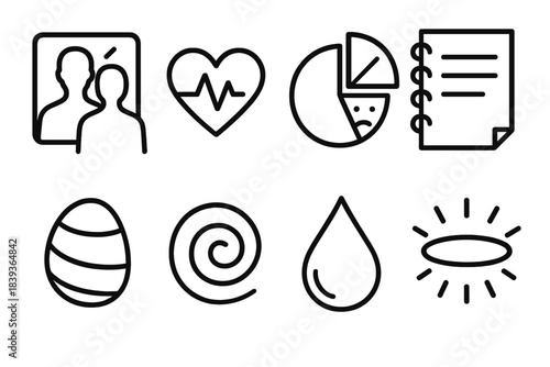 Mindfulness Icon Set. Self-Awareness Set linear set: reflection mirror, heart pulse icon, emotion wheel slice, journal page, grounding stone, mindful breath swirl, clarity droplet,