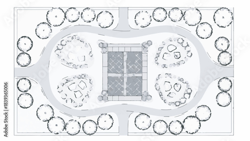 Architectural Landscape Plan View Drawing with Symmetrical Path and Tree Layout