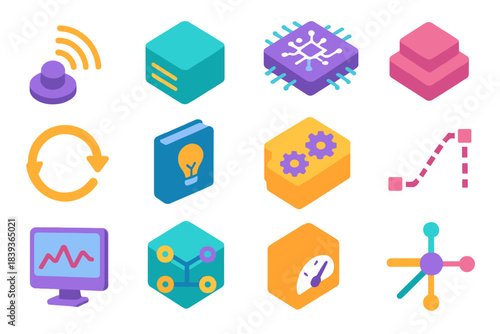 System Architecture Icons. Intelligent System Architecture isometric flat set: sensor input node, data preprocessing block, feature extraction tile, model core unit, decision layer