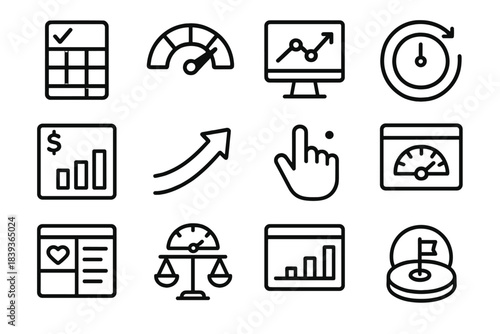 Innovative Finance Icons. Personal Finance Innovation linear set: smart budget tile, adaptive savings gauge, automated investing node, expense insight bar, goal-tracking ring,