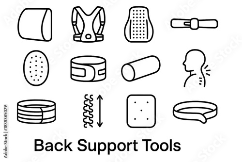 Back Support Icons. Back Support Tools linear set: lumbar cushion, posture brace, ergonomic chair back, adjustable support strap, gel pad insert, lower-back wrap, firm bolster,