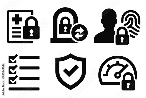 Health Data Icons. Health Data Sharing Framework silhouette set: secure EHR segment, controlled-access gateway, encrypted sync arrow, privacy-first identifier, compliant audit