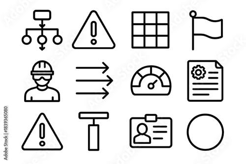 Risk Management Icons. Operational Risk Management linear set: workflow map, caution marker, assessment grid, incident flag, protective gear icon, control arrows, risk meter,