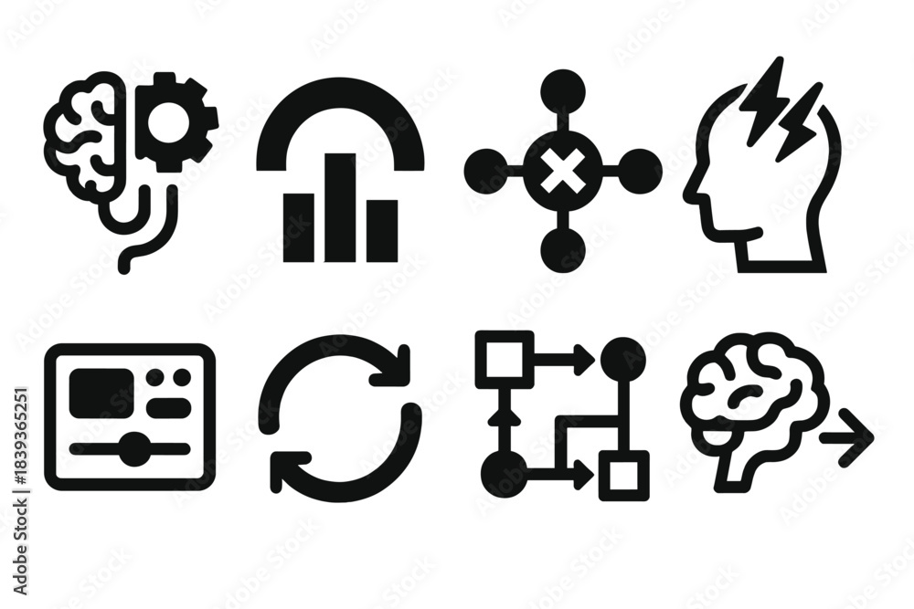 Fototapeta premium Brutalist Icon Set. Cognitive–machine collaboration silhouette set: neural bridge tile, processing arc bar, signal fusion node, thought pulse, interface panel, synergy ring, logic