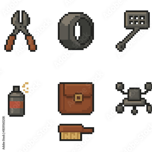 Infrastructure Repair Icons. Infrastructure Fix Kit pixel style set: cable splicer, pipe seal ring, masonry tool, grid cover key, marker spray, repair pouch, sturdy brush, service