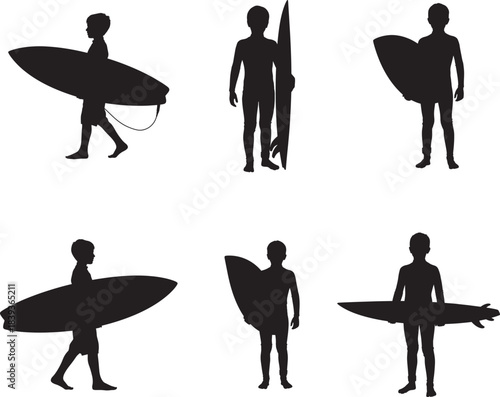 Collection of six black silhouette figures of surfers holding surfboards in various poses