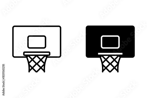 Front-facing view shows a simple, black outline of a basketball hoop with a net and backboard against a white background, perfect for design and illustration needs.